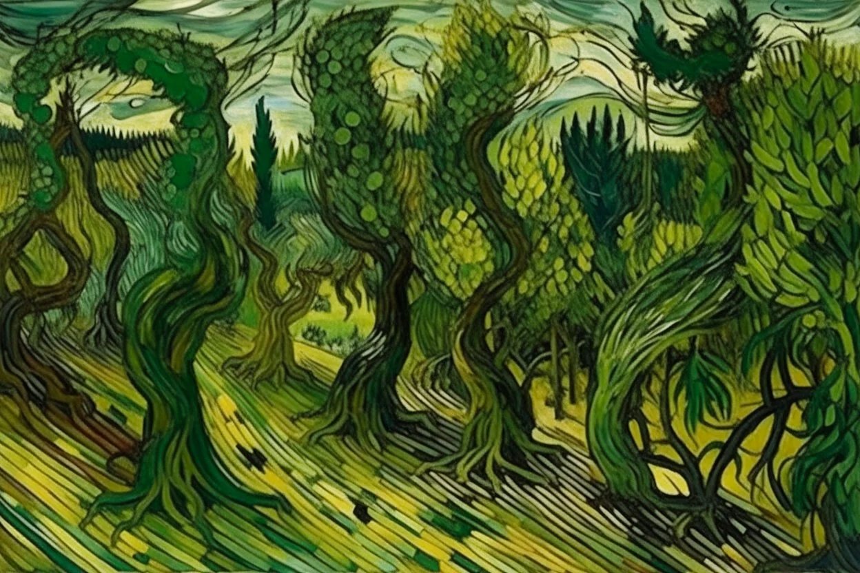 An olive green garden of nightmares painted by Vincent van Gogh