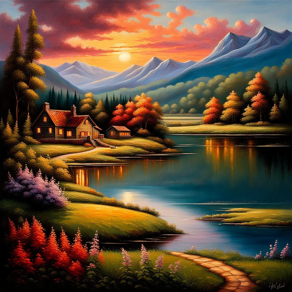 An exquisite oil painting capturing a dreamlike paradise, with a charming little farmhouse nestled by a calm lake. The farmhouse, with its rustic appeal, contrasts against the serene water, surrounded by a lush, verdant forest and rolling hills. The background unfolds into a dramatic landscape, featuring towering mountains and a stunning sunset sky that casts warm, vibrant hues across the scene. The artist's mastery is evident in the seamless blend of traditional oil painting techniques with the