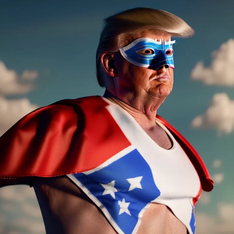 realistic image of donald trump as a mexican wrestling fighter posing outdoors, Mexican eyes wrestling mask, red and blue breeches with white stars, flag cape, sweat, retro style, 80s, vibrant color, highly detailed, sky background, concept art, unreal engine 5, god rays, ray tracing, RTX, lumen lighting, ultra detail, volumetric lighting, 3d, finely drawn, high definition, high resolution.