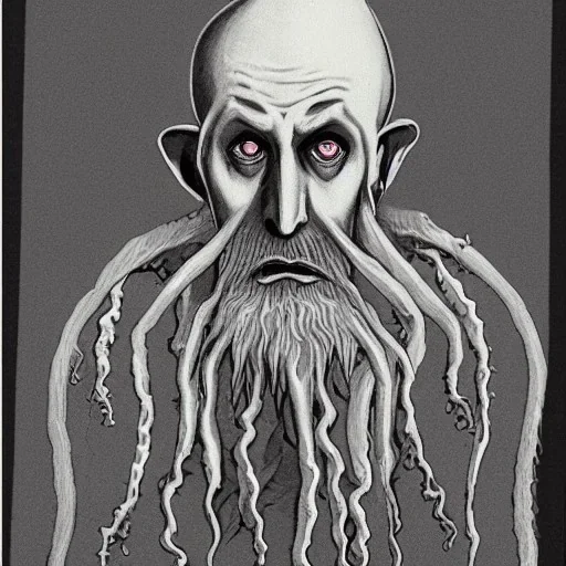 Nosferatu with white skin and a beard made of tentacles as a Russian Orthodox vampire with yellow eyes and vampire fangs