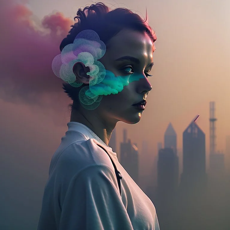 smoke plumes, clouds, smog, city scape with pollution, woman, double exposure photography, colourful nature, clean sharp focus, on white background, Fractal Geometry buildings, sacred geometry