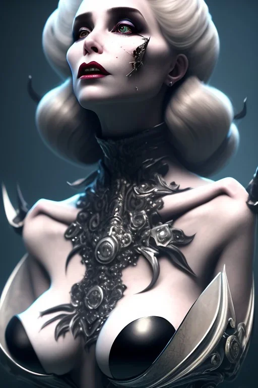 Constance Langdon as evil queen in black leather, leather, busty, cleavage, angry, stern look. character design by cory loftis, fenghua zhong, ryohei hase, ismail inceoglu and ruan jia. unreal engine 5, artistic lighting, highly detailed, photorealistic, fantasy