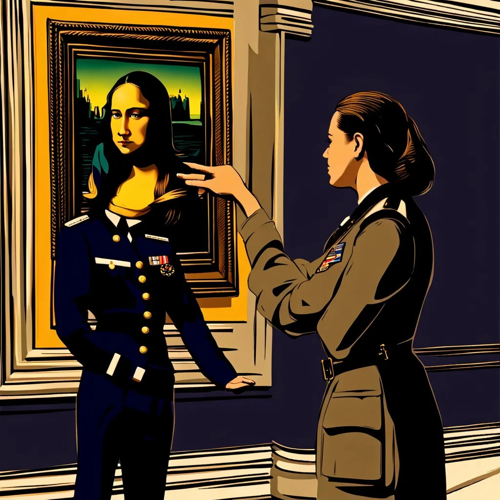 Mona Lisa comes out of the picture and kisses a young navy officer who is standing in the museum looking at her picture