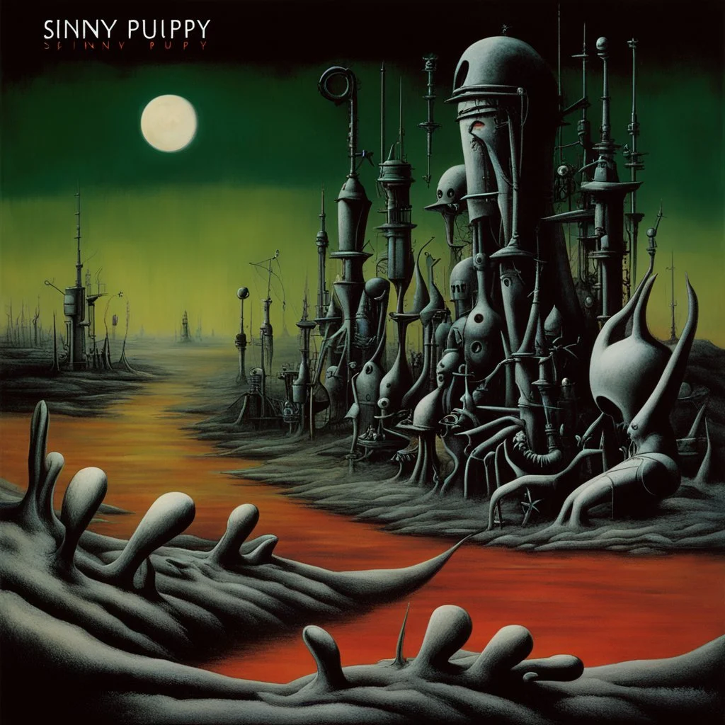 "Skinny Puppy" album cover, spirit Ogre wane bloat tell seven key, by Yves Tanguy, by Philippe Druillett, weird-core landscape, social critique, sharp strong lines, sharp ominous colors, scary bright hues, macabre illusions peaking from a dark industrial background, volumetric lighting