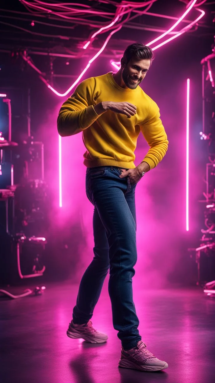 Hyper Realistic photographic-view of a Handsome Muscular Man in yellow sweatshirt-&-Navy-Blue-Jeans dancing-happily -&-closely with a beautiful girl in pink sweatshirt-&-black-trouser inside a dark-dancing-studio-with-pink-neon-lights including big-metallic-chains & tyres giving there a dramatic & cinematic ambiance