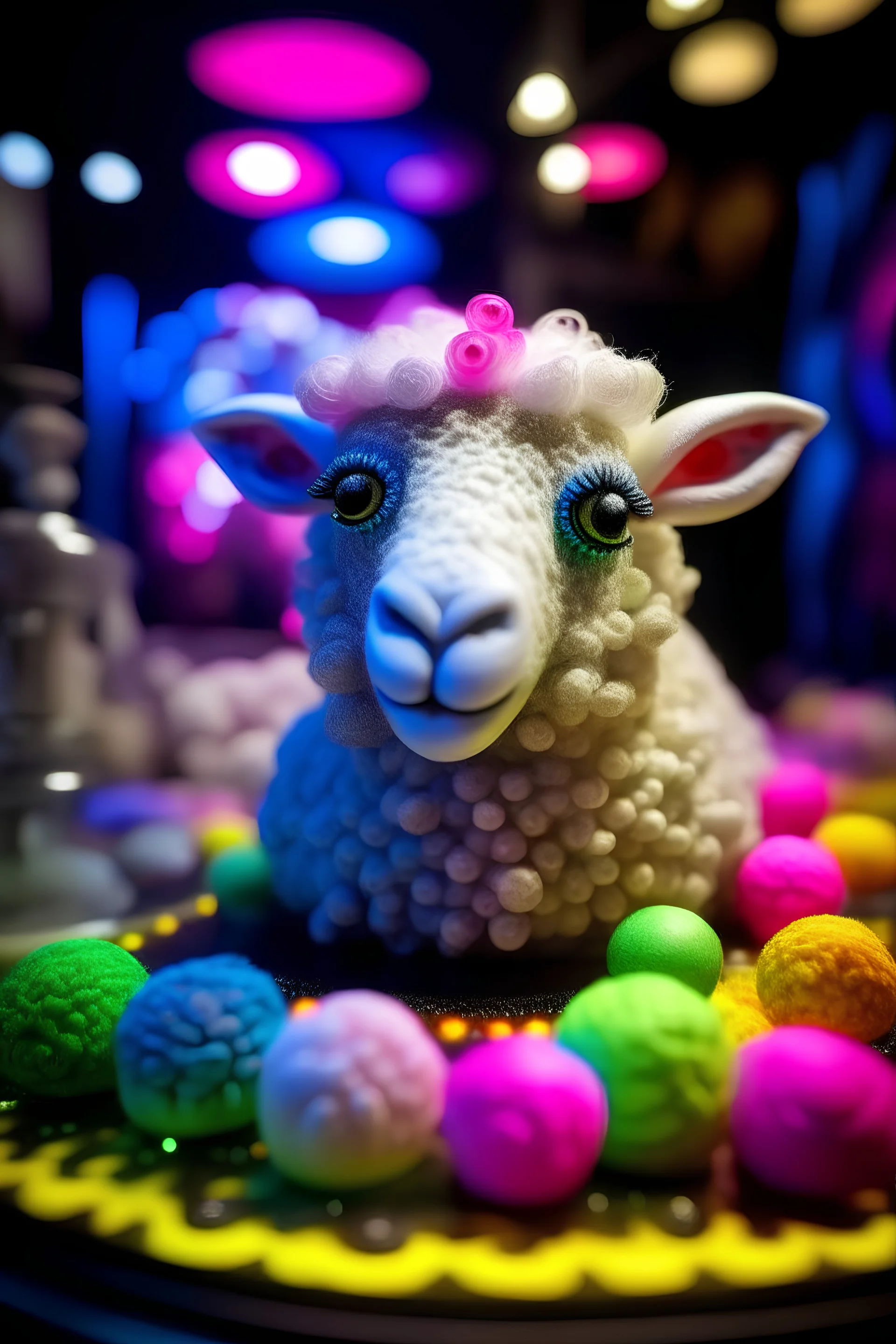 portrait of glittery twinkly haired twisted laminated sheep on a yoga space ship made of ice cream, smiling with beautiful shiny ears, each inside a pile of transparent jelly bubbles of weird colors with insect aliens inside, disco egg made of small mirror, light rayz, feast table ,shot on Hasselblad h6d-400c, zeiss prime lens, bokeh like f/0.8, tilt-shift lens 8k, high detail, smooth render, down-light, unreal engine, prize winning