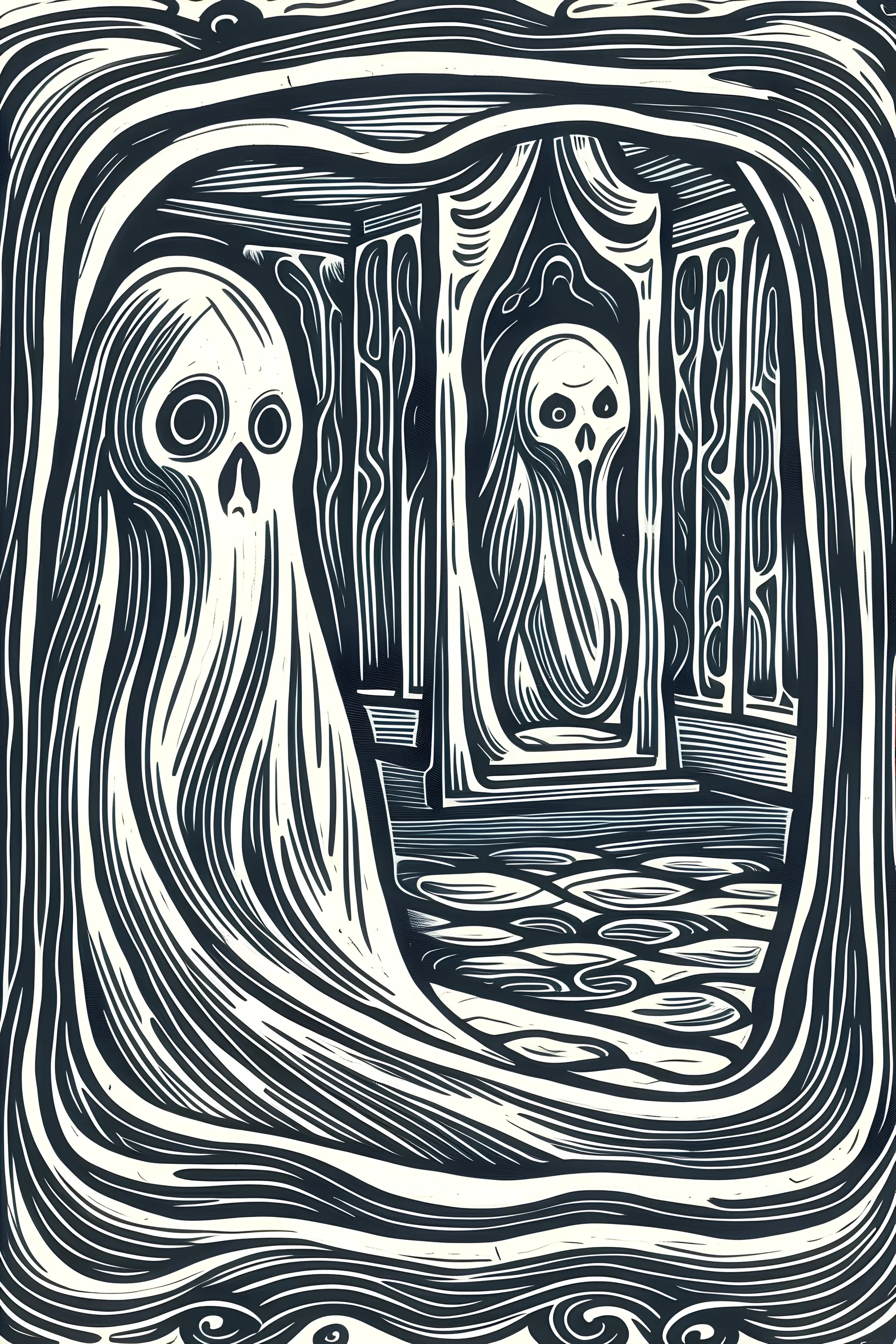 Linocut ghost in mirror