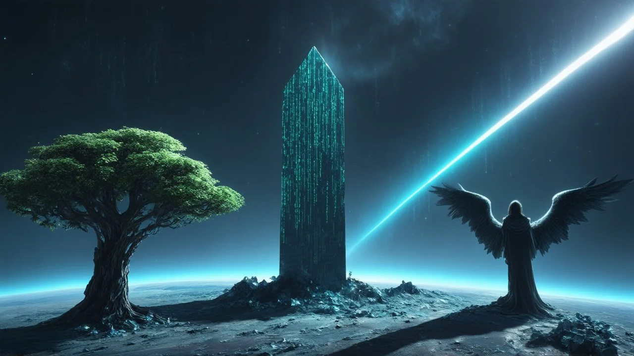 few tiberium monolith deposits on the planet with a space trees on the left and right side, matrix codes and the back ground of the angels with wings siting monolith made of tiberium crystals