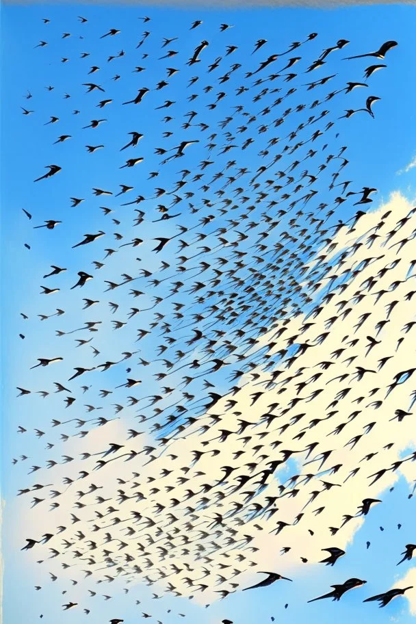 realistc drawing of a swarm of swallows in the blue sky.