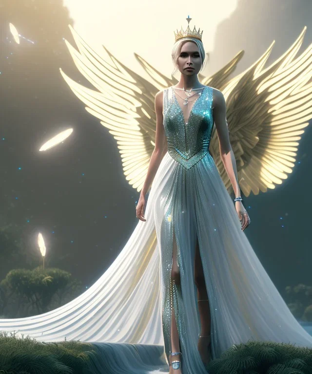 A crystalised queen, atmospheric, realistic, unreal engine, cinematic lighting, octane render, transparent long dress, blonde, full body, wings