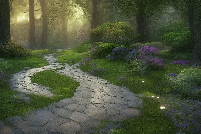  winding stone path lit river