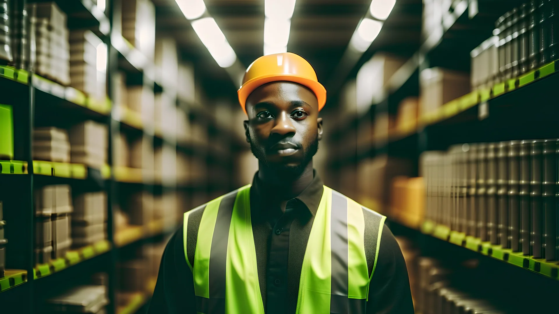 Worker in a warehouse, black African man in high visibility vest, blurred shelves stacks background. Generative AI