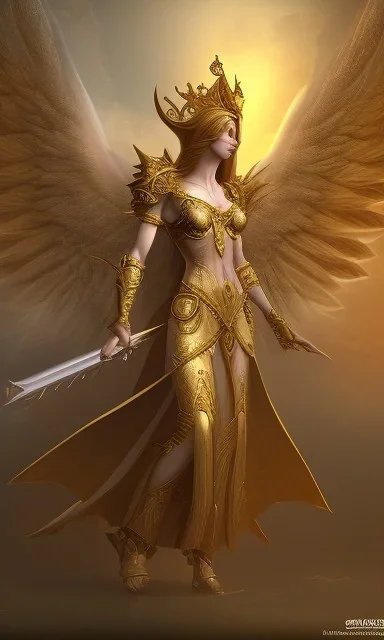 Angel with big wings and golden crown floating above the ground in the dark, michelangelo style, detailed, world of warcraft style