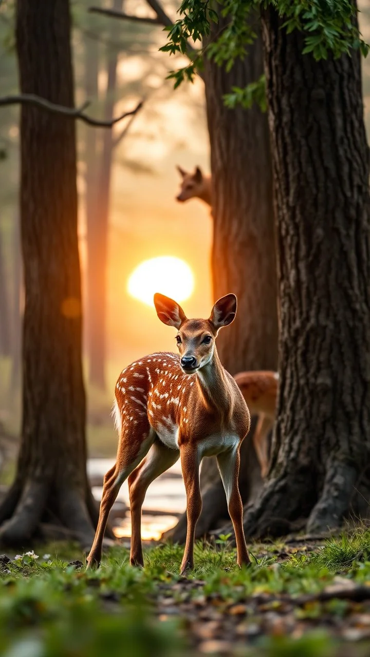 A beautiful baby dear standing in wood with a huge trees , river stream in the middle , behind to tree dim light of the sunset, a Hyena is hiding behind the tree in the back sneaking to attack the dear