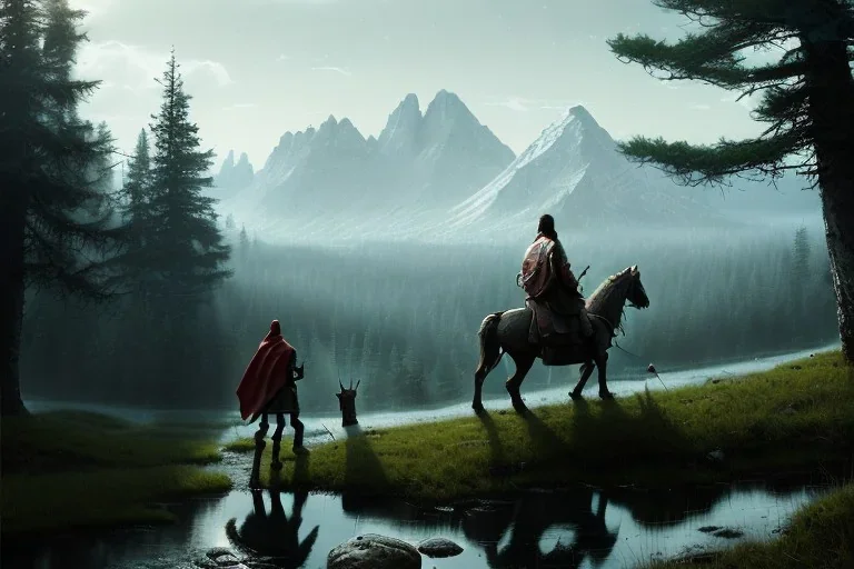 a lonely traveler wandering alone in a large pine forest with a horse and in the distans a large mountain range is visibel, high fantasy, lord of the rings, dungeons and dragons, in the style of jakub rozalski