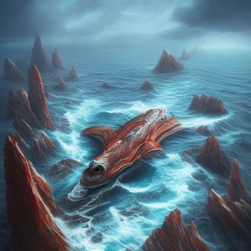 sea serpent from a nightmare between red rocky cliffs, book cover, fantasy art, sandy beach, water, reflection, misty, detailed