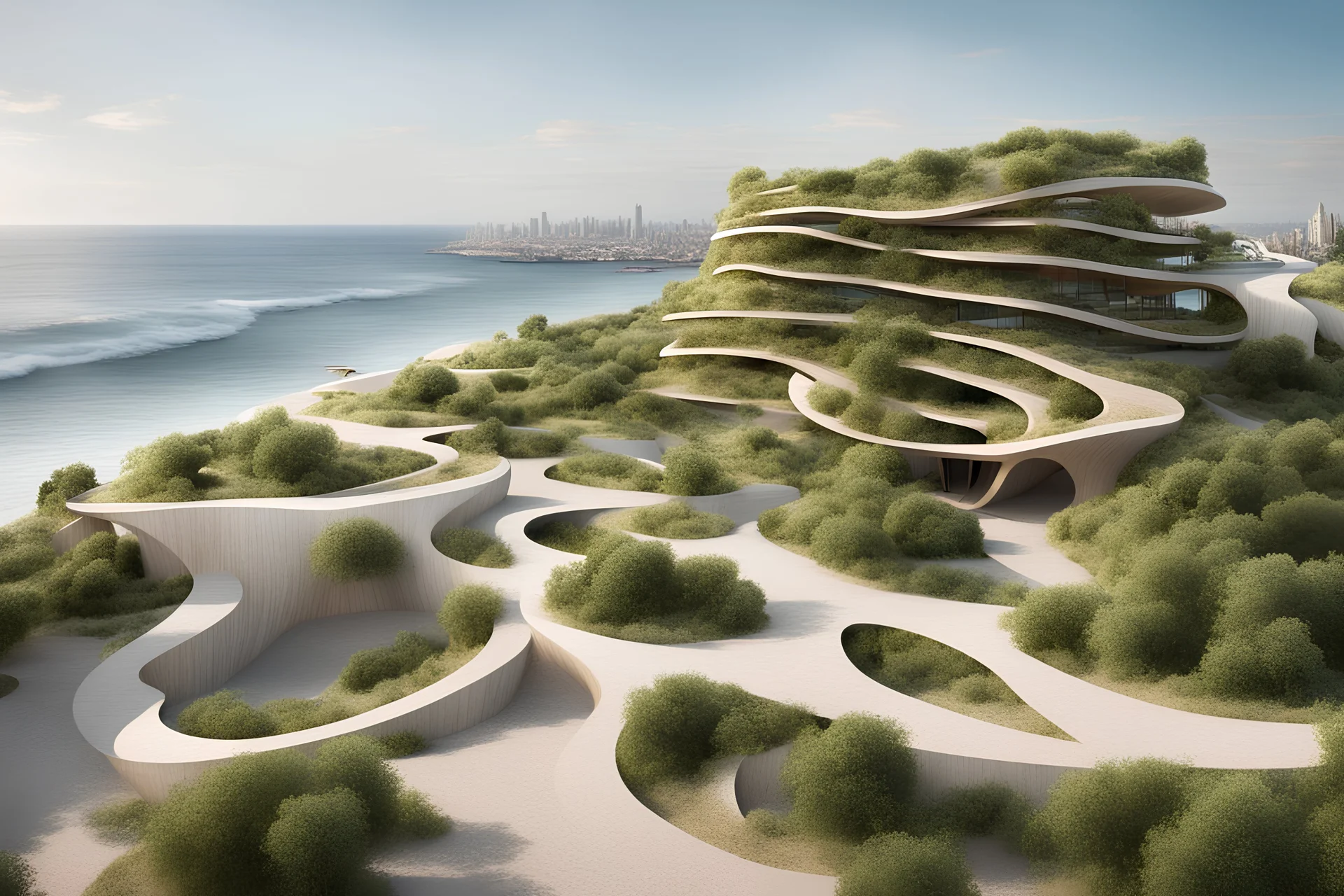 city,biophilic,wood,beach with sea,amorph building,art,organic,forest,nature ispiration,seafront,road