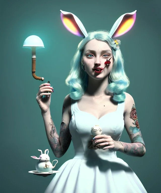 Ultra realistic portrait, wonderland, happy blonde Alice smoking a pipe, blue dress. elegant anthropomorphic white rabbit, circus dress style, old school tattoo, laughter, smoke, marijuana garden, mushroom lamps, glow eyes, perfect iris, soft color, highly detailed, unreal engine 5, ray tracing, RTX, lumen lighting, ultra detail, volumetric lighting, high definition.