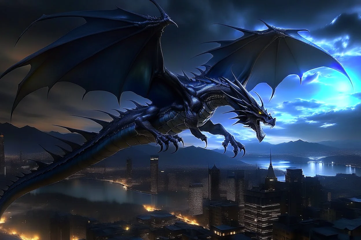 black dragon in flight city in the background at night