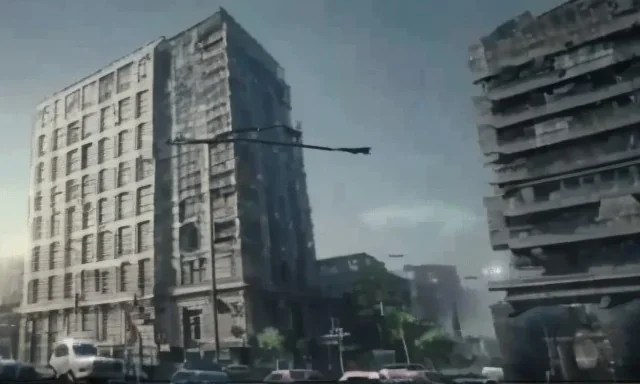 Building exploding in urban landscape, youtube thumbnail