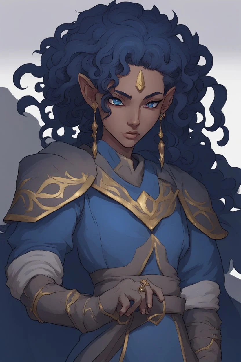 Dnd character in the Underdark. A female Elf twilight cleric with curly, super short, blue hair and golden eyes, wearing gray and dark blue robes. Etheral, muscular, strong.