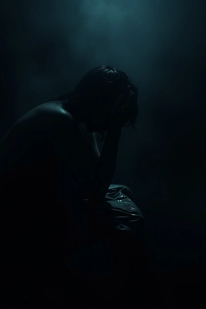 human quiet crying, a stream of tears, I cowardly hide in the darkness, loneliness alarms me, to leave the Earth, where there is no place for me to live, take away my last hope, my strength is leaking out of me, I hold the poisoned chalice trembling, empty, dark night, no hope, above the abyss, I have not yet fallen down and pulled back, abyss below me, sharp stones under my feet, I would dare to step out of myself to you, dark colors, melting, surreal, dark mood