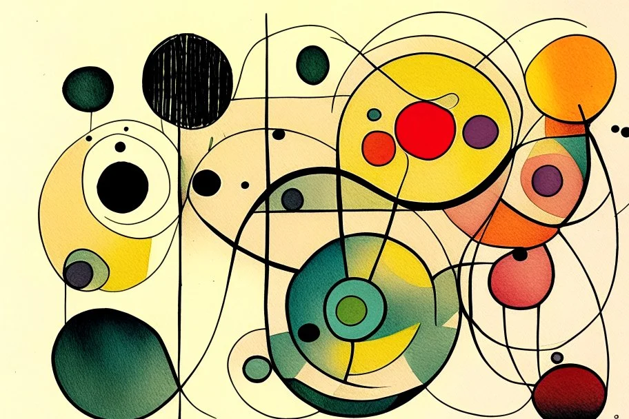 abstract in the style of Paul Klee with circles of colour and sketchy thin inky lines.