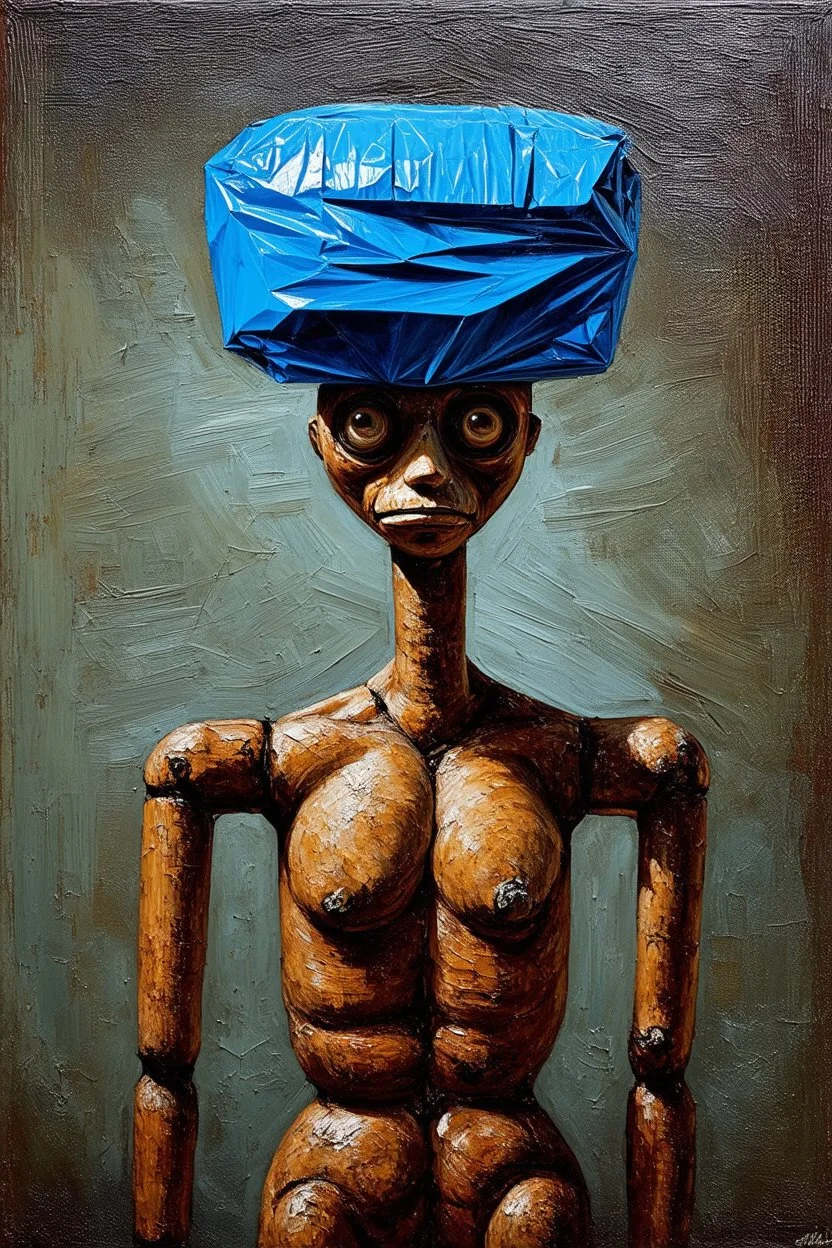 A strange and gloomy stick man with a blue plastic bag on his head. Surrealism, figurative painting with elements of the Bauhaus style. Intense textures.