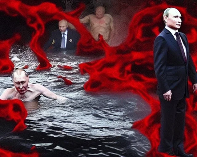 president Putin as old evil devil swim in river of blood in hell