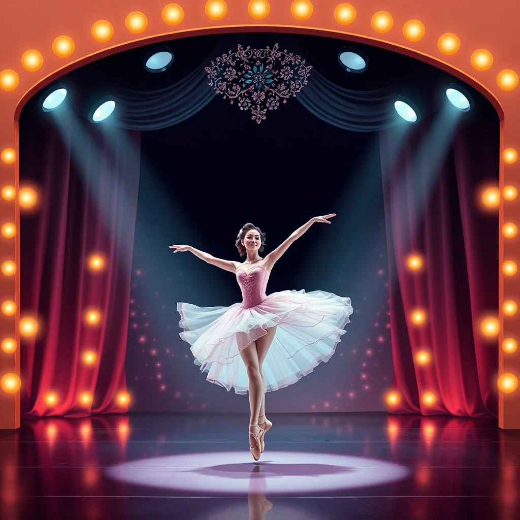 create storyboard of 3x3 images of a beautiful balerina in pretty clothing in a modern cifi stage in her performance cinamatic lights .
