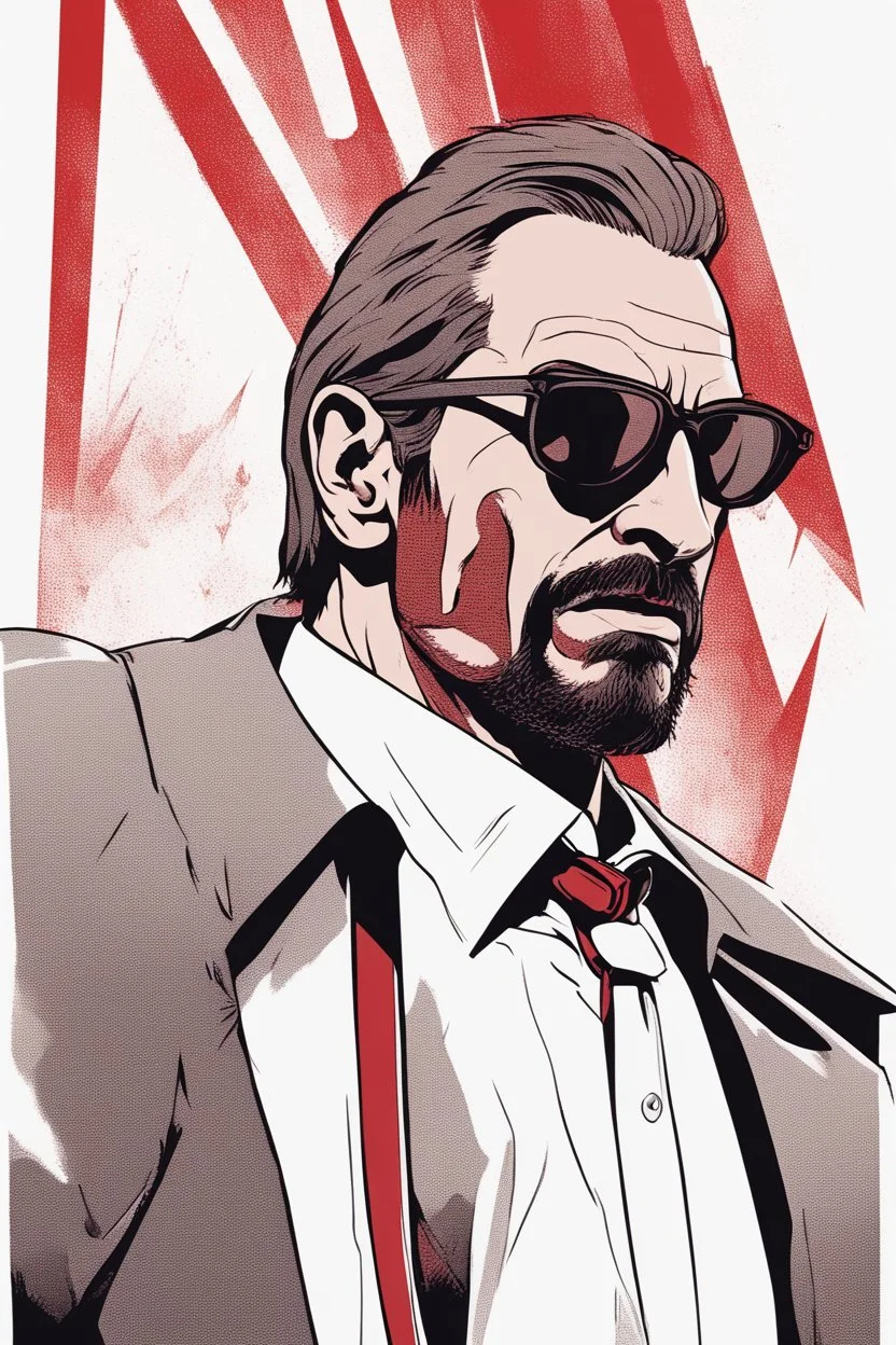 an muscular and menacing Hans Gruber wearing red-tinted glasses