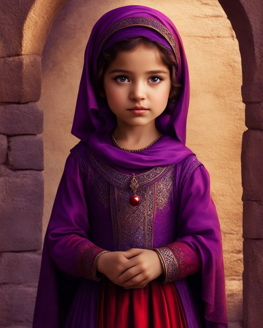 Artistic red purple little palestinian girl , PRINT medieval style