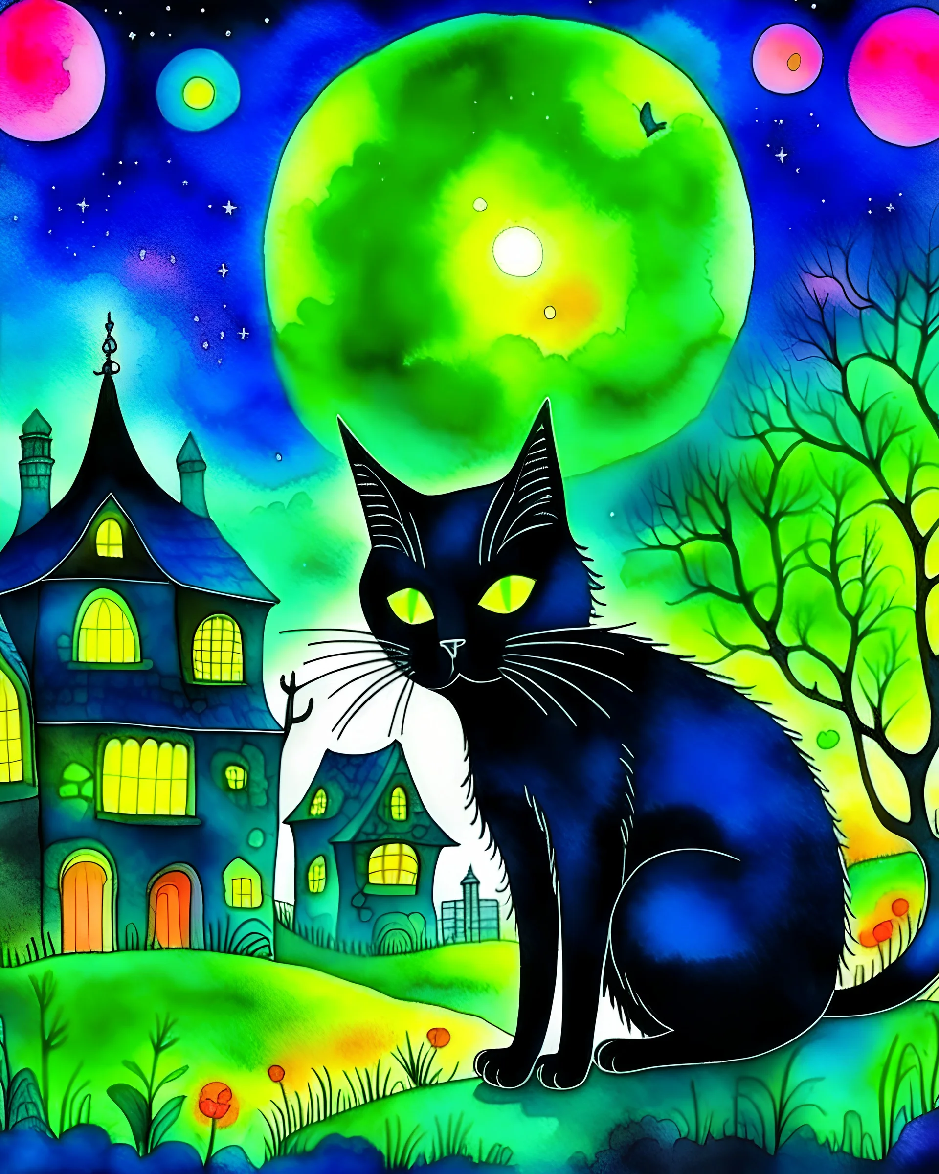 spooky black cat in a magical glowing village with a bright glowing moon in the background watercolor art