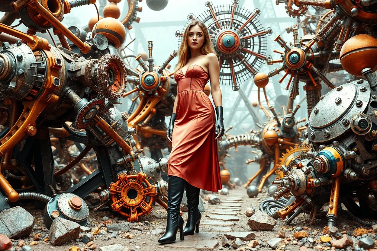 beautiful full body with long boots and midi dress lady in surreal interstar world made of fractal random size modern mechanical metalic basic objects with helical colors,geers, in clothing similar to environment full body posing to camera