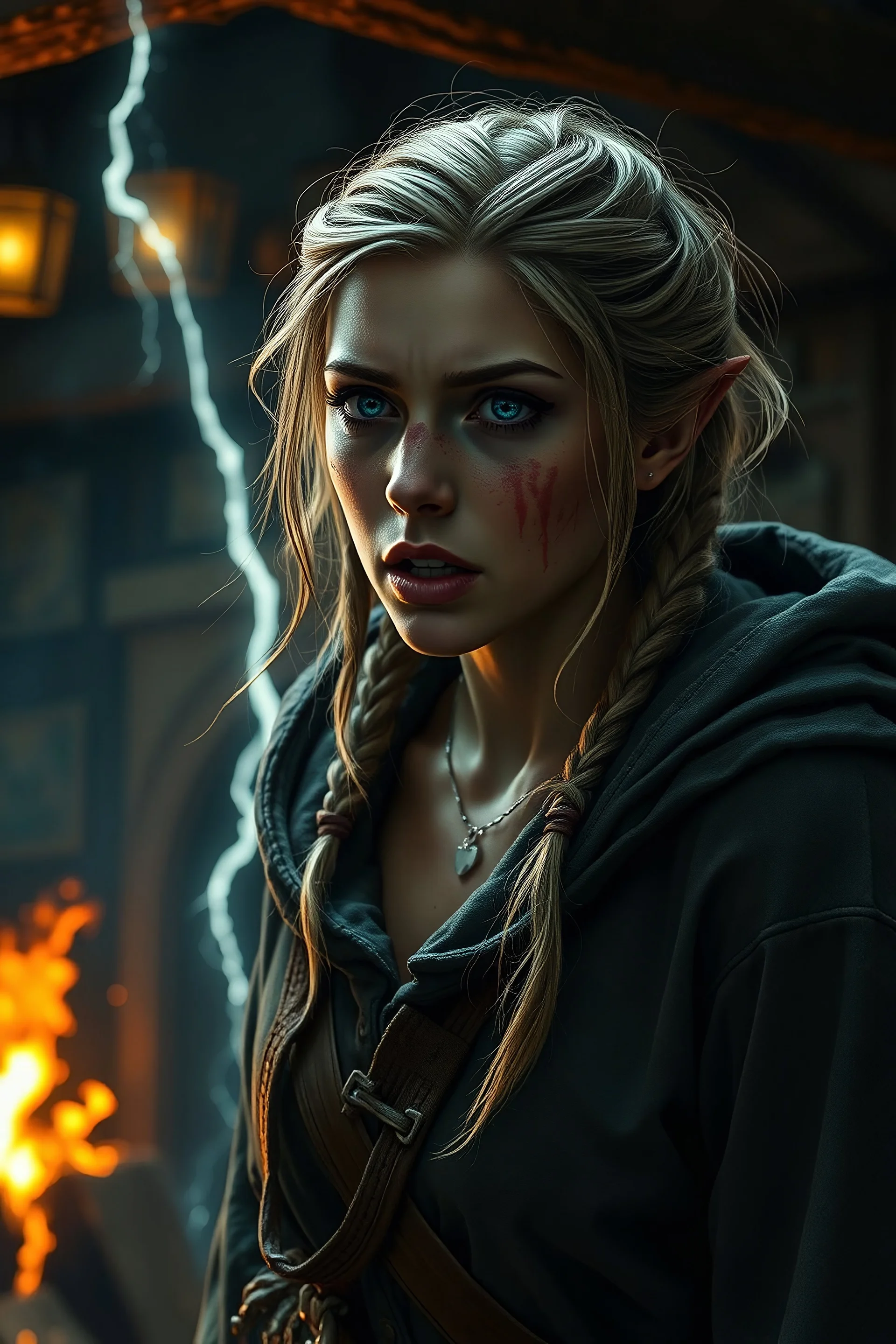 create a female half-elf, medium dark blond hair, loose unkempt braids, dark grey eyes, freckles, wearing a fitted hooded cloak, dirty, tears in eyes, anguished expression, screaming in front of a tavern burning on fire, looking away, embers, night, strong lighting