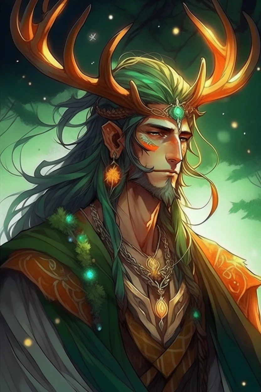 warm hair summer radiant warmth Eladrin Male antlers beard druid of the stars