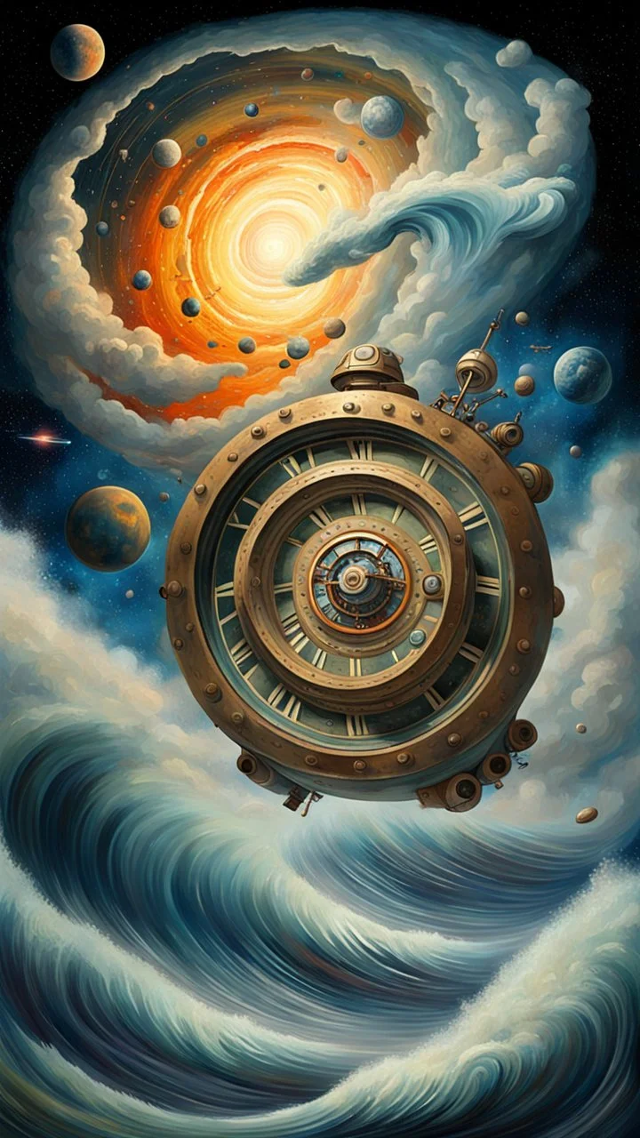 A TIME MACHINE in the universe RUNNING FROM IT TO THE HEAD wave and clods , Busch painting style,