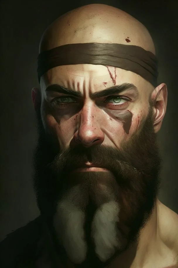 Portrait of a bald man, muscled, with quite-long brown beard, a black bandage on his left eye like a pirate