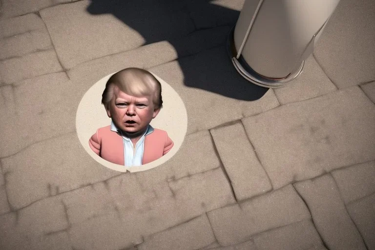 Looking down closely at a Large baby carriage on a sidewalk. There is a baby inside the carriage. The baby looks like A young Donald Trump