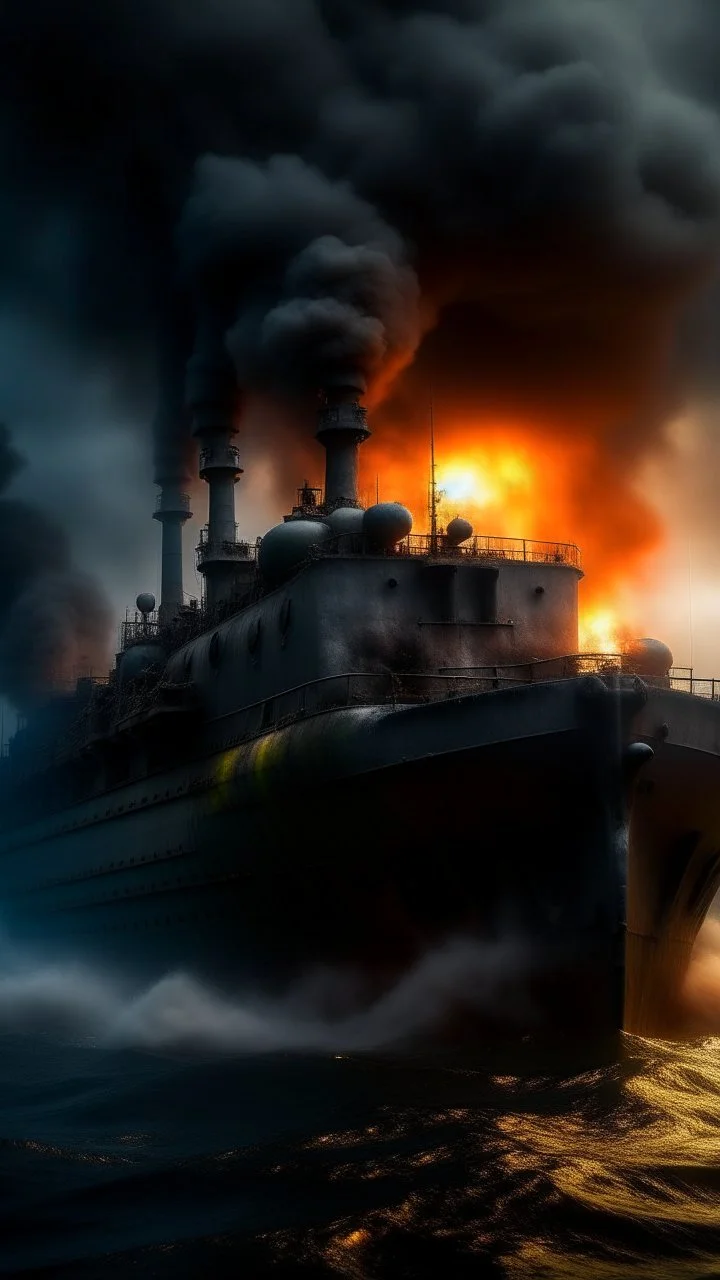 ,surrealism of the dark of a nightmare , hyper photorealistic, hyper detailed dark art color, high resolution, fog, octane render, tilt shift, HDRI Environment, all pictures dark gray, a submarine on fire