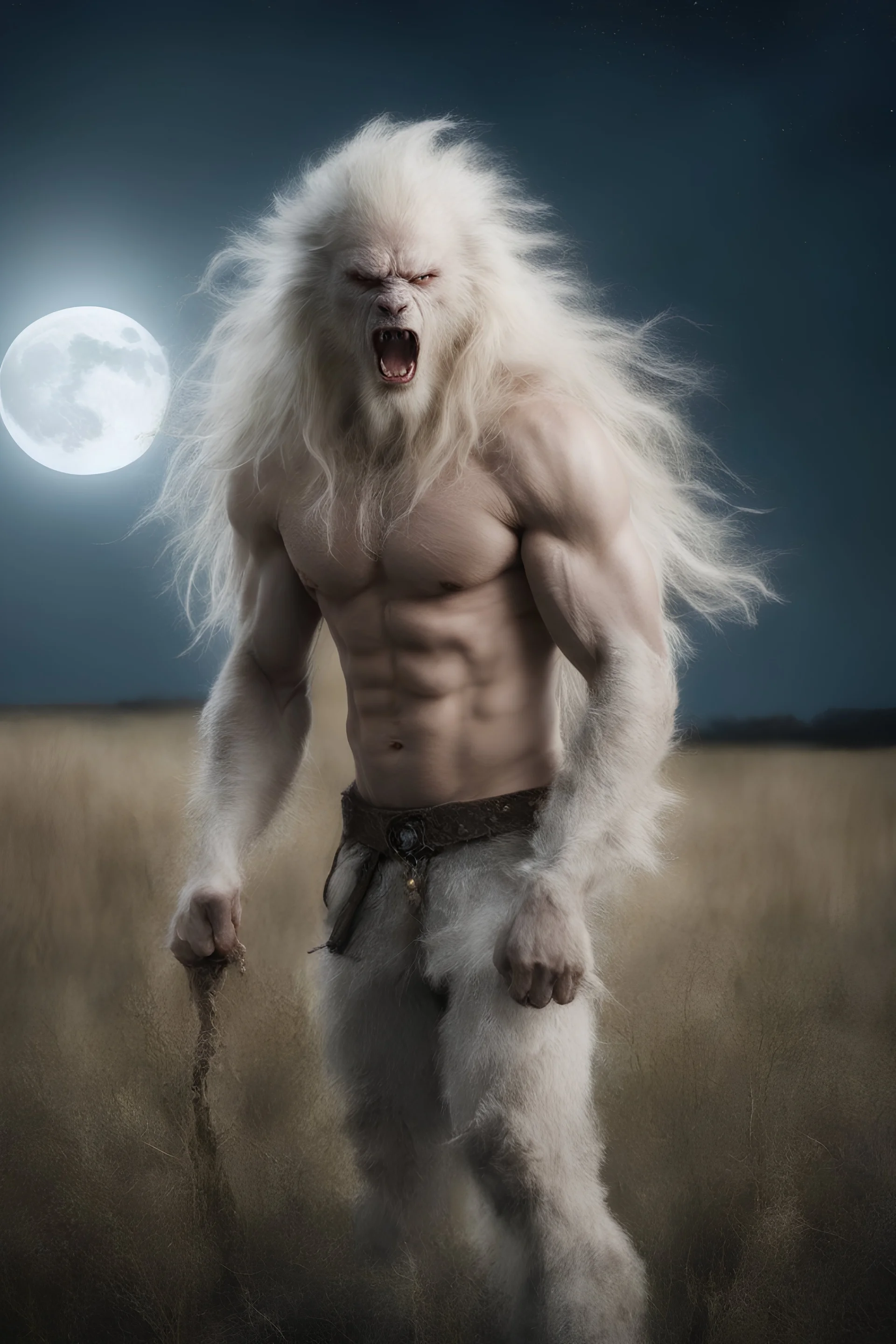 an extremely muscular, extremely hairy, and scary looking long-haired albino werewolf in a field, Extreme reality, photorealistic, realistic, lifelike, Absolute reality, Botany, Starry, Moon lit, Retro Pop, Dark Fantasy, Horror, Festive, Realistic - 32k, UHD, professional quality, 8 x 10 digital photograph