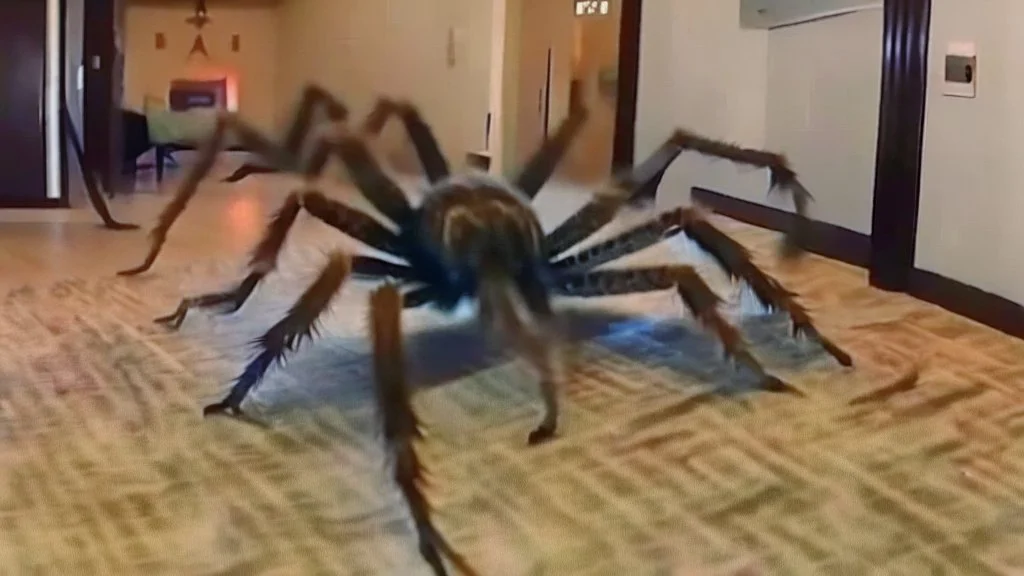 tarantula escaping hotel room while two people scream and run frantically