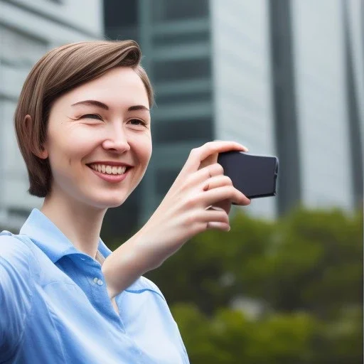 A short haired, female computer engineer taking a selfie in front of Building 92 at Microsoft