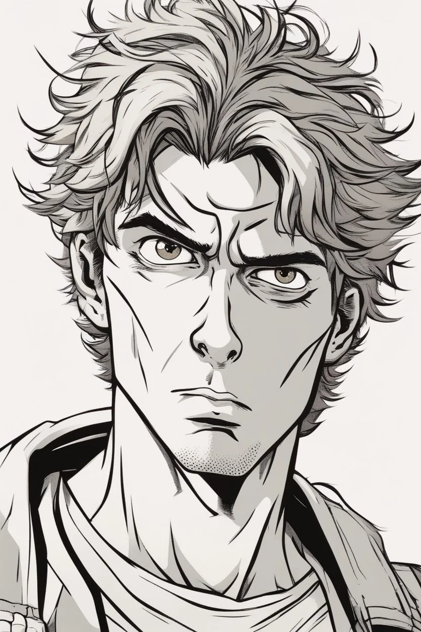 deranged young man with scruffy hair, stubble and a judgmental look on his face comic book style