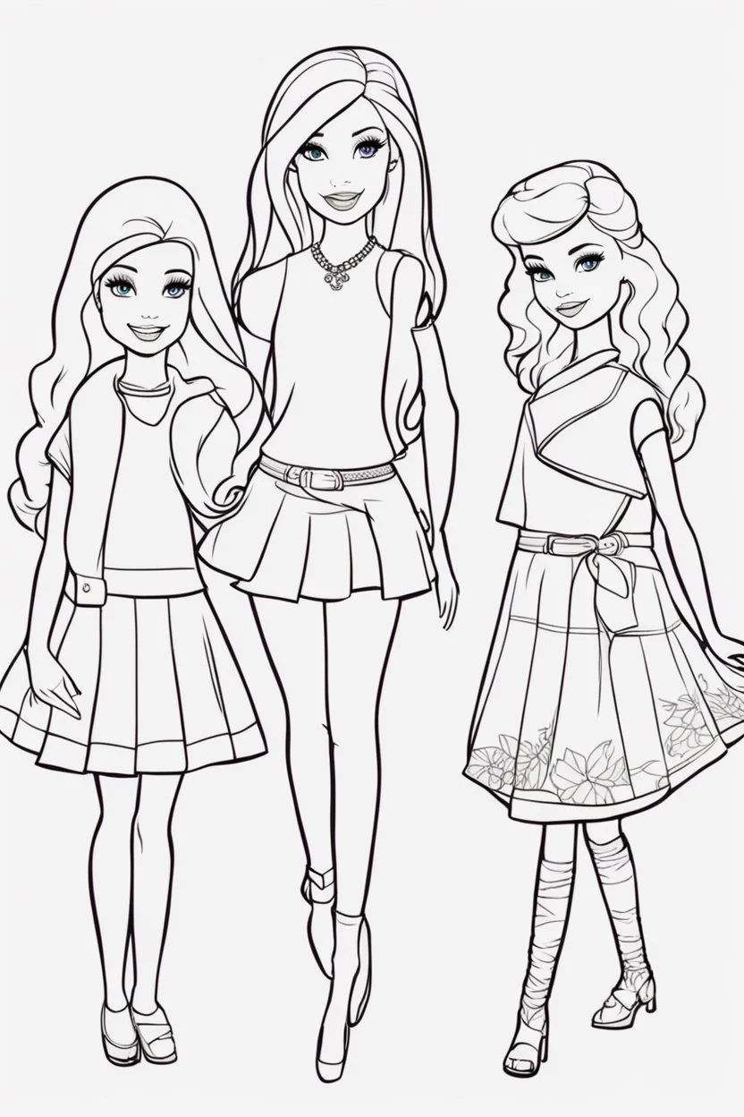 outline art for kids barbie coloring pages with barbie with her 2 friends , no background, sketch style, full body, only use outline, mandala style, clean line art, white background, no shadows and clear and well outlined. should look exactly like barbie