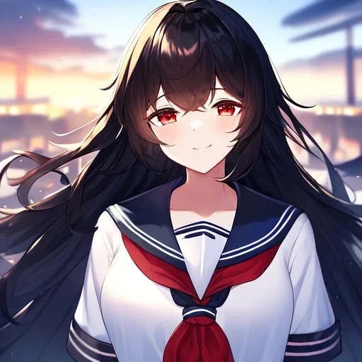 Clear focus, high resolution, black long fluffy hair, red eyes, wearing a sailor uniform, doing a evil smile, Style Daria