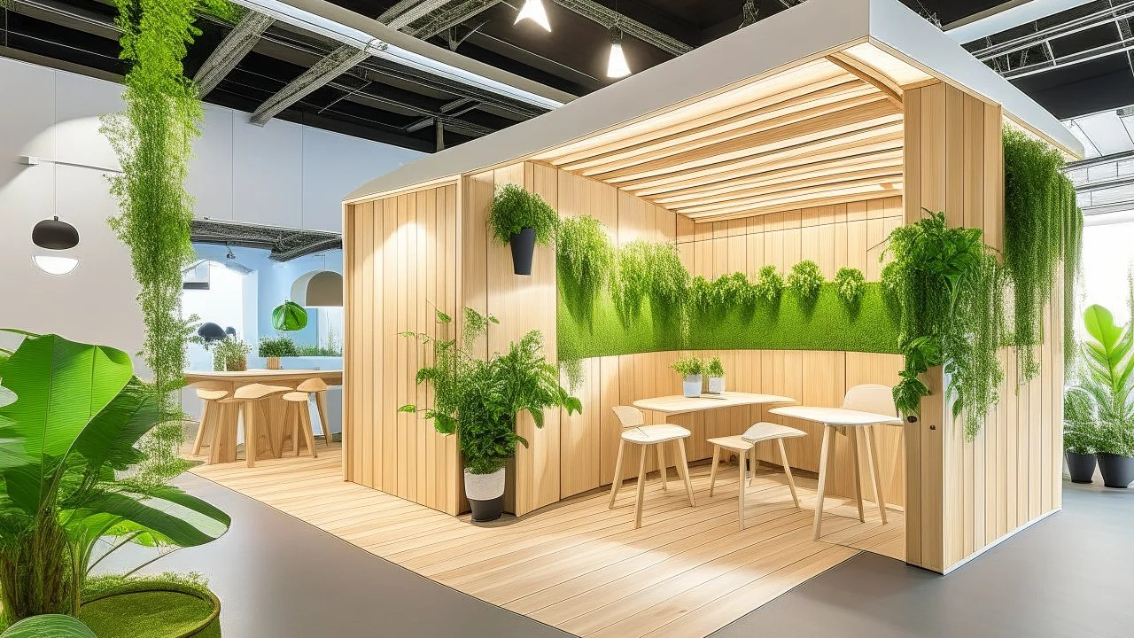 Corner exhibition stand in light colors with wood elements and greenery with two meeting areas