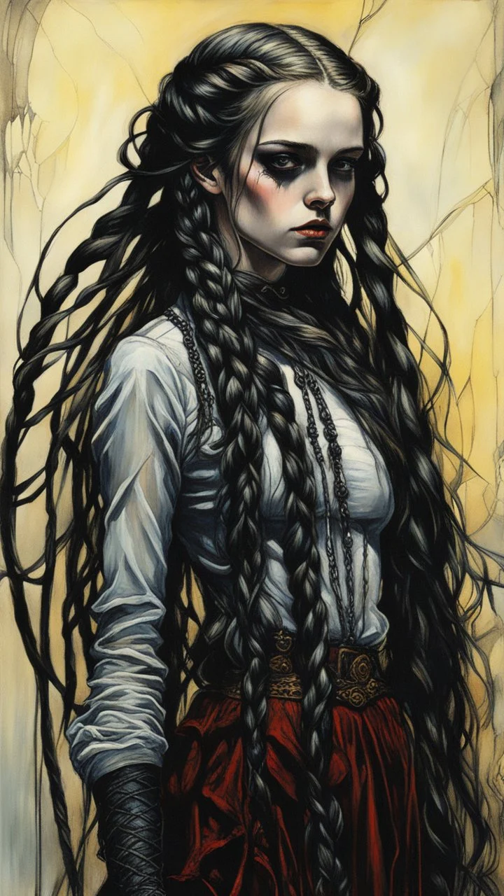 highly detailed, full body oil painting, petite goth girl with long dark braided hair, sharply defined angular facial features, anatomic perfection, by Andrea Kowch> <Yoji Shinkawa><Arthur Rackham> <Jean-Giraud Moebius, saturated vibrant natural color tones, precisely drawn and inked, 8k resolution