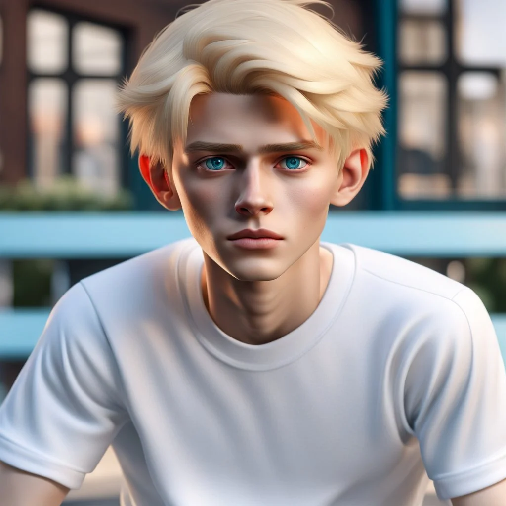 Hyperrealistisch 16jähriger schlanker effeminierter blonder Junge mit hellblauen Augen, das Haar mit Gel nach hinten gekämmt, weißes T-Shirt