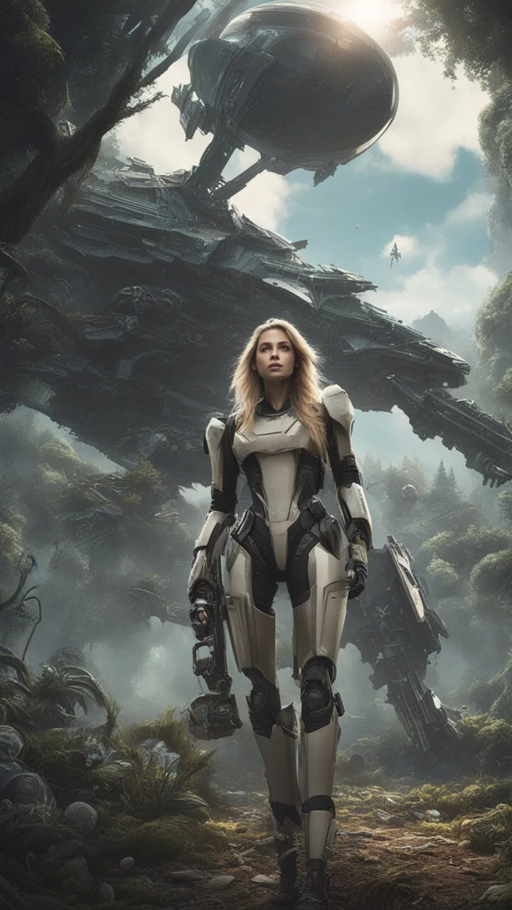 Wide-angle, woman with straight hair, dressed like a robot, with equipment in her hands, next to a crashed spaceship, in a clearing on an alien jungle world